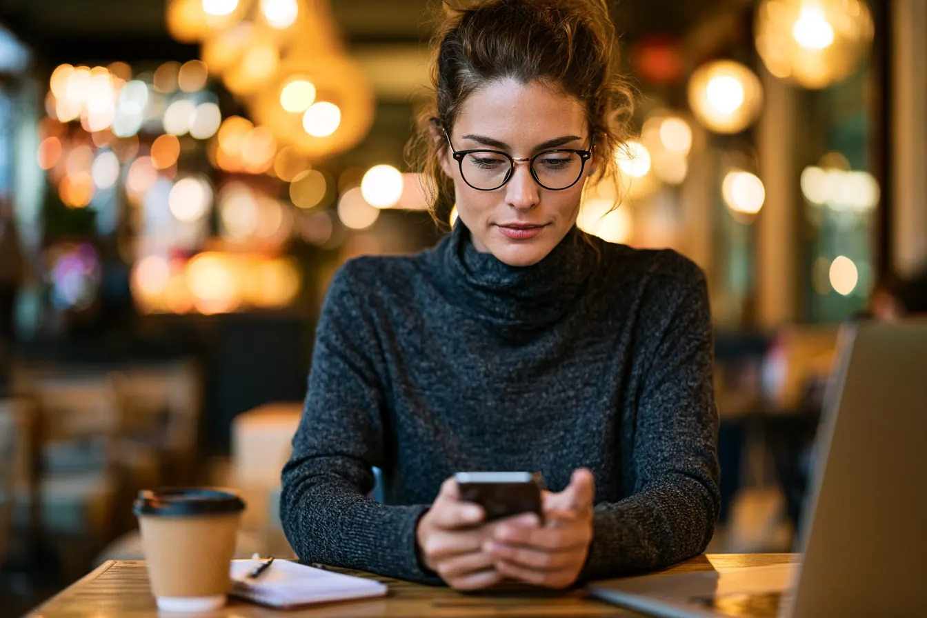 Young woman reviewing Afterpay terms on smartphone in a café
