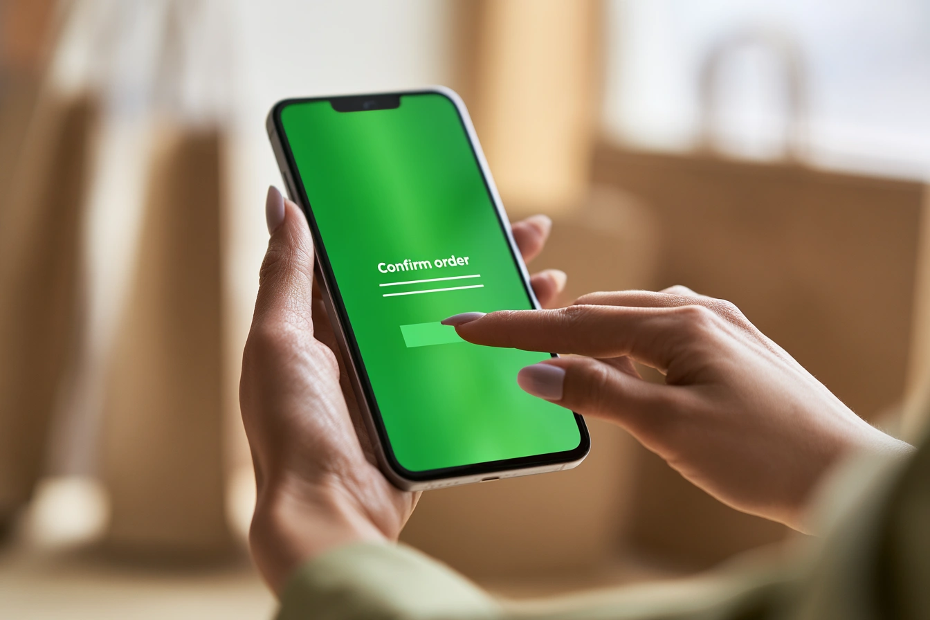 Person tapping confirm order on smartphone at a buy now pay later checkout