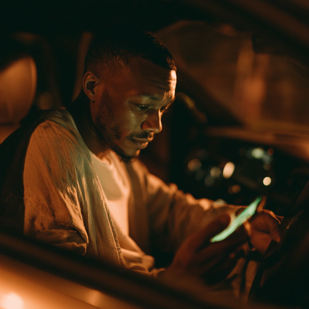 Person using smartphone for emergency loan in a car at night