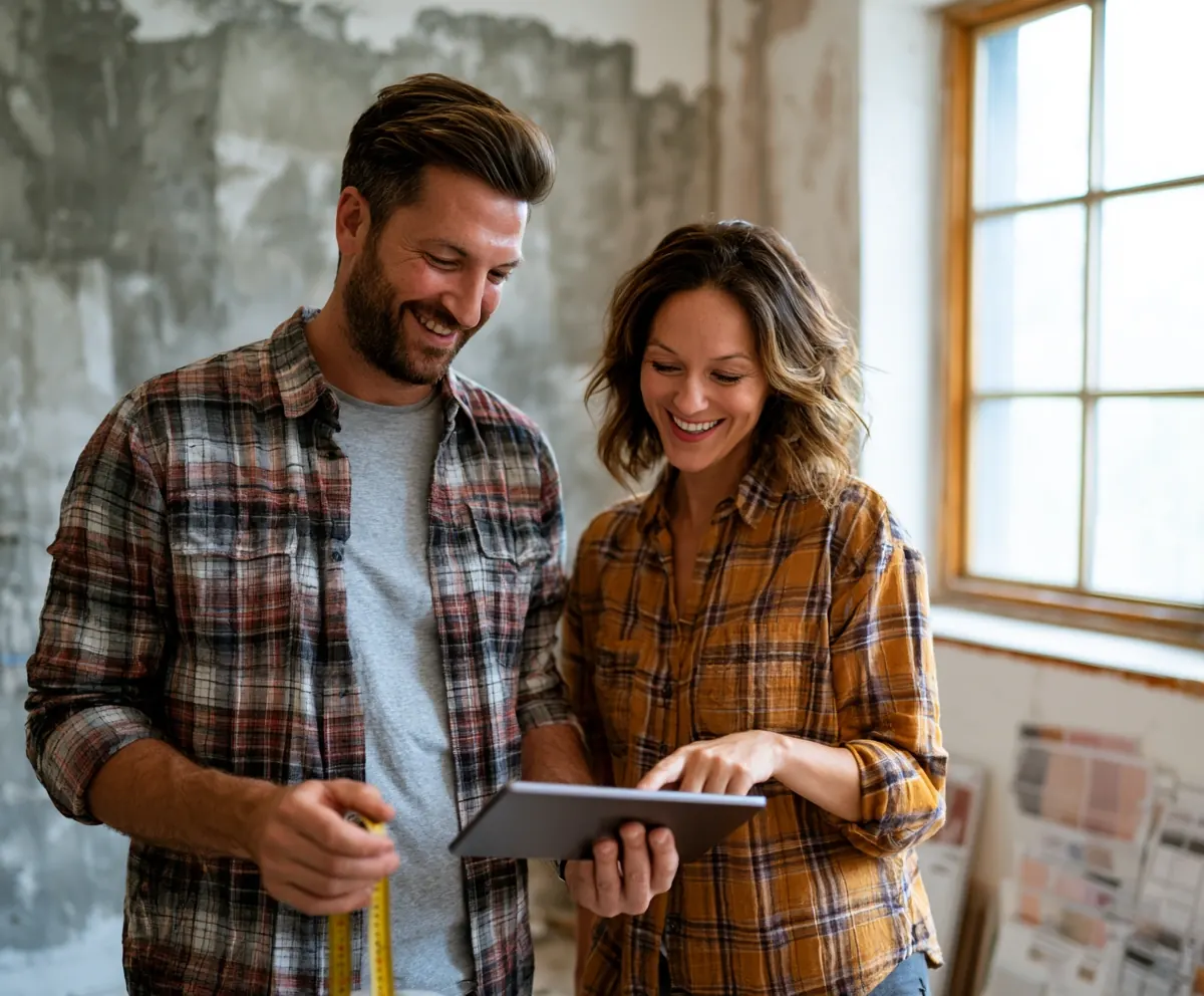 Couple reviewing home renovation plans on a tablet together