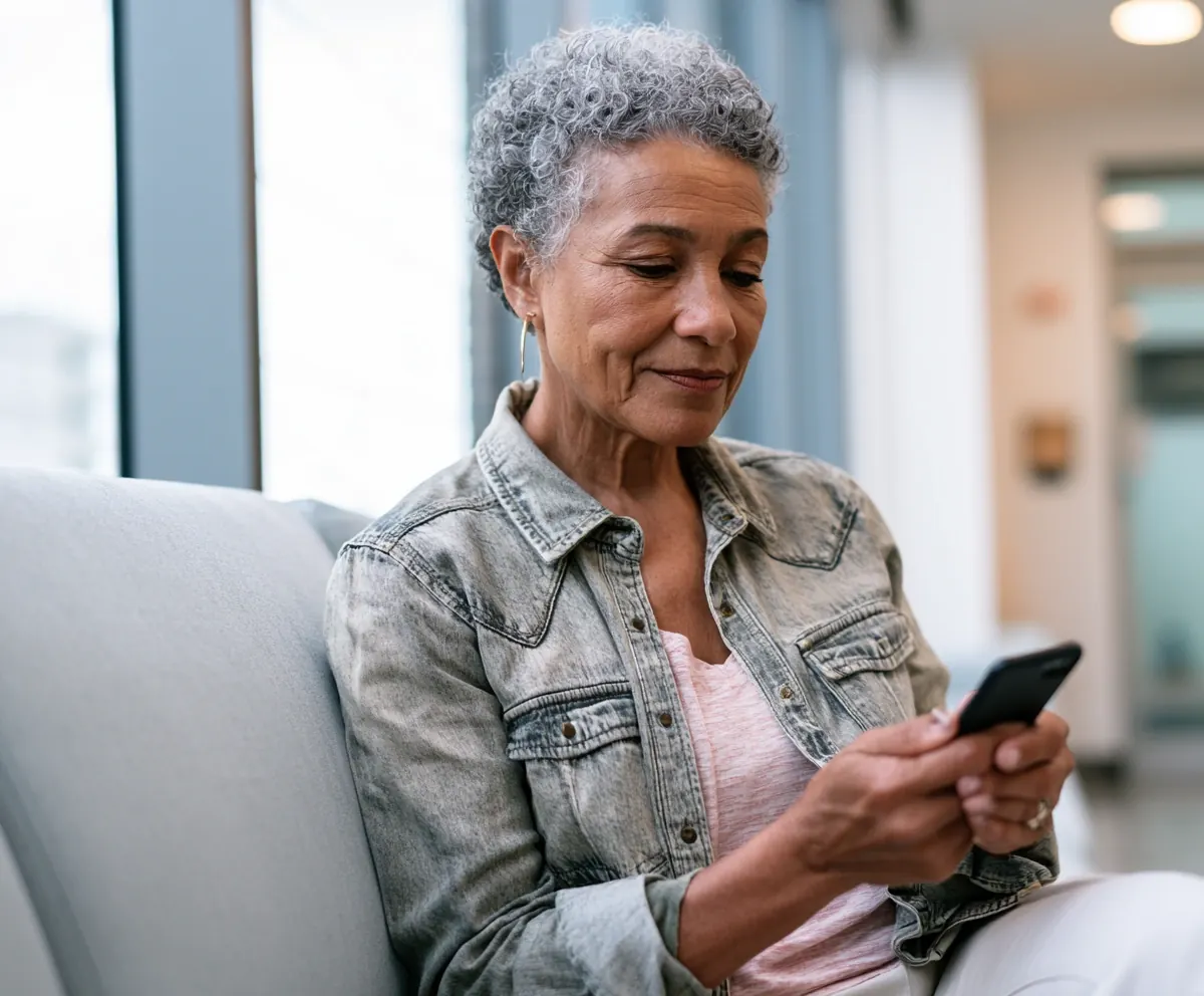 Patient in a medical office reviewing healthcare expenses on smartphone